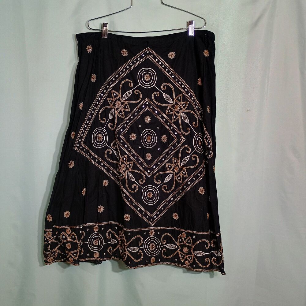 Women’s Black Embroidered Boho Midi Skirt – Gold Medallion A-Line Skirt